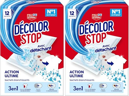 Decolor Stop - 3 en 1 - Avec Detachant - Action Ultime - Sachets Blanchissants - Evite les Accidents de Decoloration - Ravive le Blanc - Elimine les Taches Tenaces - x12 Sachets (Lot de 2)