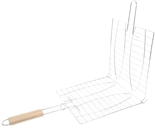 Beavorty Cestello per Grigliare Pesce in Acciaio Inox Manico in Legno, Clip per Barbecue Multifunzionale per Verdure e Carne, Accessorio Resistente ad Alte Temperature per Colore Casuale