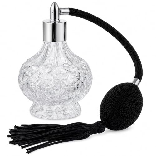 Uteruik Atomizador de Perfume Vintage, Frasco de Vidrio Recargable 100 ml | Relieve decorativo, pera negra, cabezal metálico extraíble, tubo largo, para bruma corporal o agua floral, frasco vacío