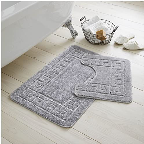 GC GAVENO CAVAILIA Greek Key Pattern Bath Mats 2 Piece Sets Non Slip, Soft Washable Rug Quick Dry Water Absorbent Bathroom Shower Mat & Pedestal Set, Silver