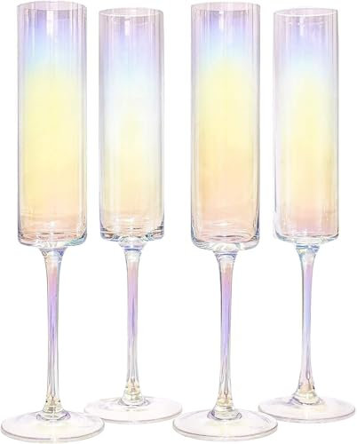 Maison & White Edge Champagne Flutes - Set of 4 | Flat Bottom Wine Glasses | Prosecco Glass | Christmas Drinking Glasses | Square Champagne Flutes | M&W (Iridescent)