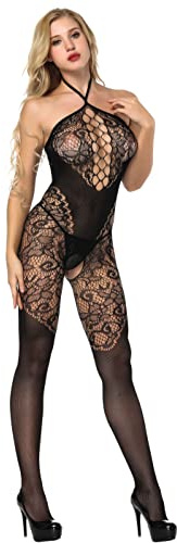 Walang Lip Women's Fishnet Teddy Sexy Lingerie Lace Flexible Sling Lingerie Mesh Bodysuit Babydoll Chemise Nightwear Halter Garter Dress (Black)