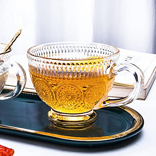 SIQITECH Tasse en Verre Transparent avec Poignée Vintage - Relief Fleur Motif - Mug Cristal Paroi Épais pour Café, Thé, Avoine, Yogourt