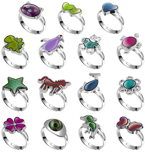 Yolev 15 Pièces Anneaux d'Humeur pour Enfant Réglables Bague Fille Garçons Halloween Accessoires de Costume de Noël Faveurs de Fête Anniversaire Bague Qui Change de Couleur Selon Humeur