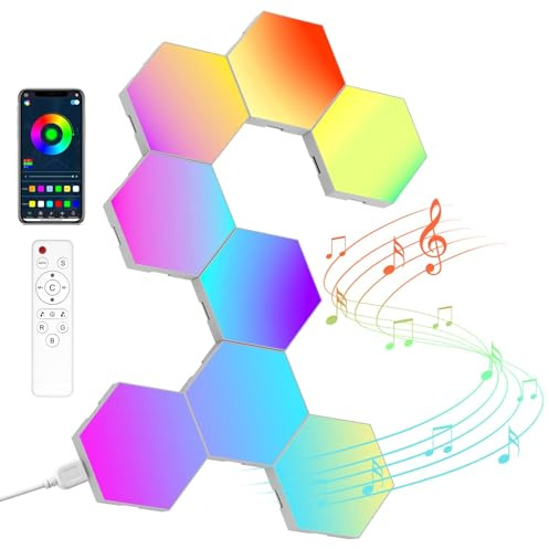 NIUCOO Hexagon LED Lights Wall Panels, Smart RGB Gaming Lights with APP & Music Sync, DIY Modular Hex Tiles, USB-Powered for Autism/Game Room/Party Decor (8-Pack)