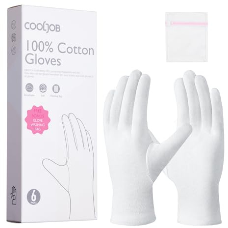 COOLJOB 100% Cotton Gloves, 6 Pairs White Cotton Gloves for Dry Hands Moisturizing & Eczema, Overnight Lotion, Sleep & Spa Treatment for Women & Men, Breathable Work Glove Liners, Large Size