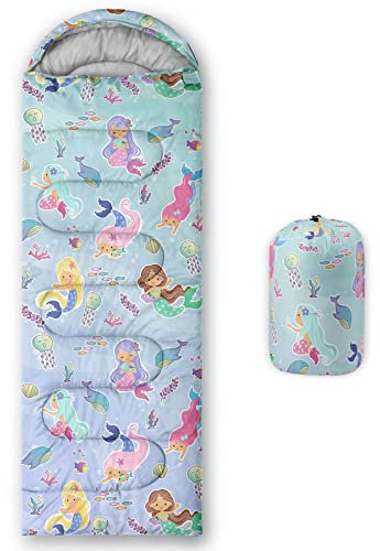Datura home Kinder-Schlafsack für Jungen und Mädchen, Aquarell-Meerjungfrauen-Druck, leicht, warm, tragbar, für drinnen und draußen, wasserdicht, kältebeständig, Schlafsack für Camping, Wandern