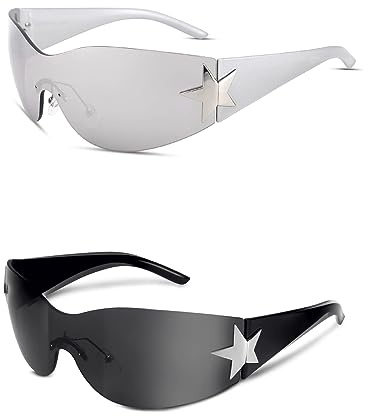 2 Pièces Lunettes de Soleil Femme Y2K Enveloppant, Protection UV400, pour la Conduite Rave et la Fête