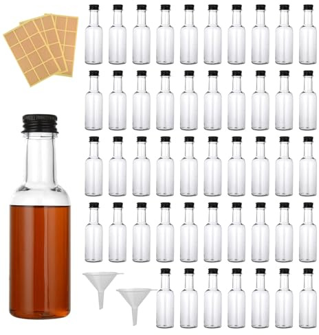 wordmouk Plastik Mini Likörflaschen 48 Stück Kleine Leere Schnapsflaschen 25mL Wiederverwendbare Kunststoff Fläschchen Saftflaschen mit Schwarzem Deckel und Trichter für Hochzeiten Party