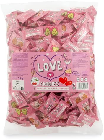 Caramelos Cerdán - Caramelos Sin Azúcar con Forma de Corazón Love | Bolsa de 333 Uds | Sabor Cereza | Caramelo Sin Gluten ni Alérgenos | Ideal para San Valentín, Fiestas, y Cumpleaños - 1 Kg | Sabor Cereza | Caramelo Sin Gluten ni Alérgenos | Ideal para San Valentín, Fiestas, y Cumpleaños - Bolsa de 333 uds