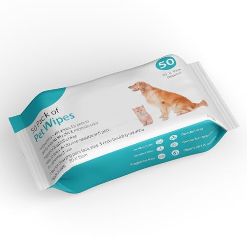 WINSOME Pack of 50 Pet Wipes - Alcohol Free Antibacterial Pet Grooming Wipes for Dogs, Cat Unscented Daily Cleaning Wet Wipe for Paw, Ear, Face, & Body