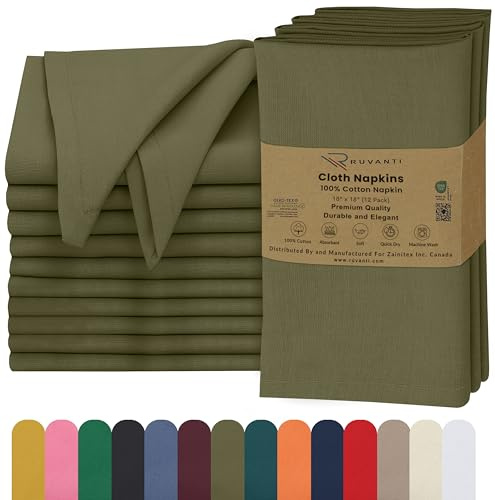 Ruvanti Cloth Napkins Set of 12, 100% Cotton 18”x18” - Capulet Olive
