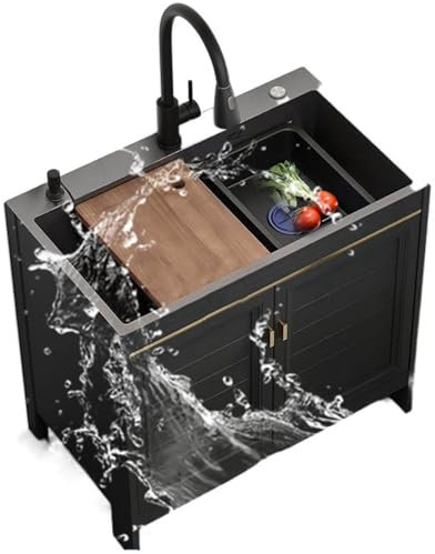 Spülbecken Waschbecken, Spülenschrank Spüle mit Armatur, Restaurant-Küchenspüle-Set, Küchenspüle Unterschrank Edelstahl Waschbecken für Außen Innen Küche Restaurant,75x45x80cm