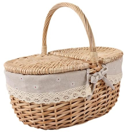 Colcolo Handgefertigter Picknickkorb Aus Naturmaterialien, beige grau, groß