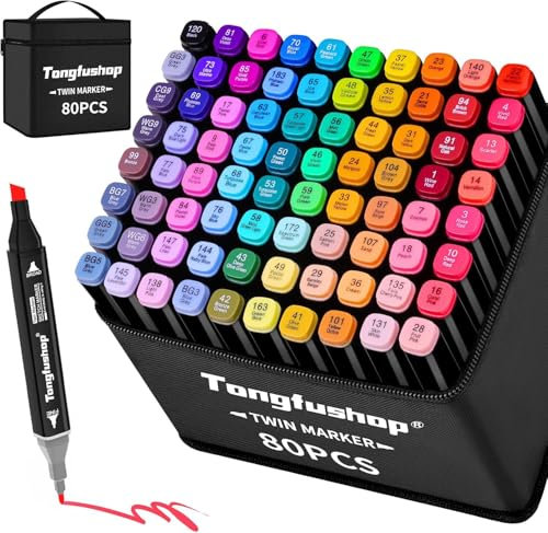 Tongfushop Filzstifte Marker Set, 80 Farben Alkohol Marker mit Feinspitze & Breitspitze, 2-Sekunden Schnelltrocknend, Alkohol Stifte mit Anti-Seepage Abstandshaltern für Malerei, Design