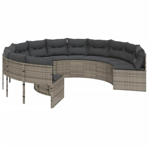 vidaXL Gartensofa mit Kissen Rund Grau Poly Rattan, Terrassensofa, Loungesofa, rundes Sofa, Outdoor Sofa, Loungemöbel, Sofa rund, Gartensofa rund