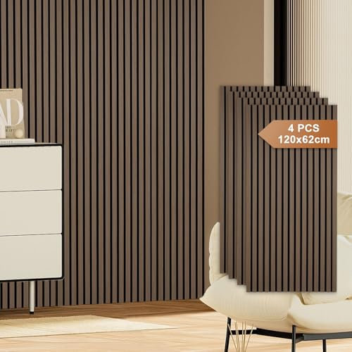 Fiqops 4 paneles acústicos de madera de 120 x 60 cm, paneles de pared de madera y fieltro, paneles de madera color nogal, revestimiento de pared de madera para estudio y hogar decoración de paredes