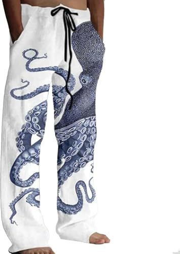 YongXinMY Men's Japanese Style Printed Lounge Pants - Octopus Graphic Straight Leg Drawsting Elastic Waist Casual Pants Traditional Sashiko Art Linen Blend Trousers
