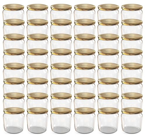 Oputec Lot de 48 bocaux de conservation de 360 ml avec couvercles à visser dorés – Parfaits pour les confitures, les confitures et plus encore, bocaux de conservation avec couvercle, parfaits comme