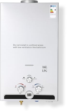 CO-Z Calentador de Agua Butano 16 L Instantáneo, LPG Sin Tanque, Certificado CE, Gas Licuado de Petróleo