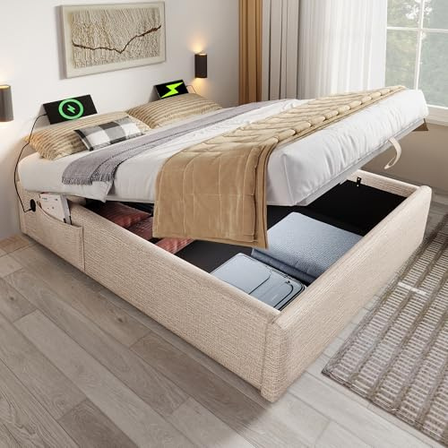 Dolamaní Polsterbett 160x200 cm ohne Kopfteil Bett mit Struraum, Struraumbett Doppelbett Bettgestell mit Vollflächiger Lattenrost, Leinen, Funktionsbett Ohne Matratze (Natürlich)