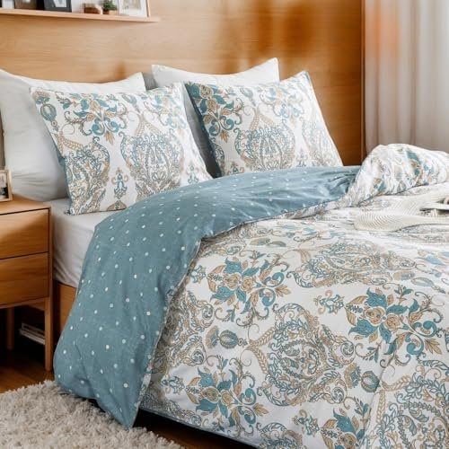 AShanlan Boho Bettwäsche 200x200 Baumwolle Weiß mit Blau Paisley Vintage Muster Bettbezug 3teilig Bohemian Style Blumen Angenehme Wendebettwäsche und 2 Blümchen Kissenbezüge 80x80 mit Reißverschluss
