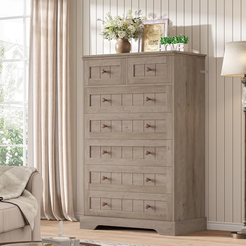 Hasuit Farmhouse Dresser for Bedroom, 7 Drawers Dresser, 51.4Tall Dressers Chest of Drawers with Hand Carved Panel, Large Wood Closet Storage Organizer Rustic Dressers for Bedroom Living Room Hallway