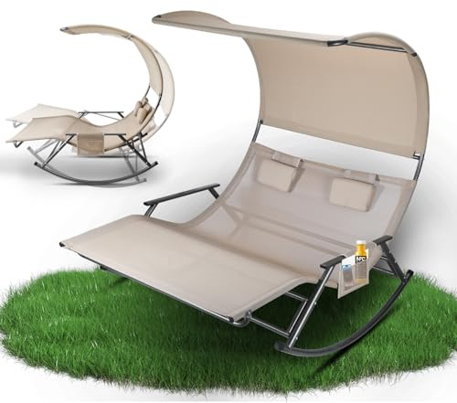 Jaxguom Doppelliege Outdoor, doppel Schaukelliege bis 250 kg, sonnenliege für 2 Personen, mit Sonnendach, Tasche, Atmungsaktives Gewebe, Vielseitige Farbwahl für Garten, Balkon, Terrasse(beige)