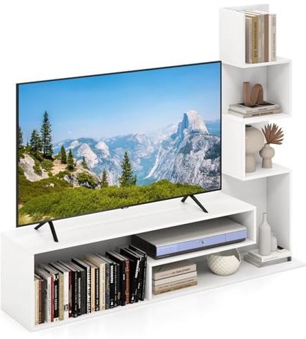 COSTWAY Meuble TV Cubique, Bibliothèque en L pour Télé 50, 7 Étagères Ouvertes, Étagère Colonne pour Petite Espace, Salon, Chambre, Kits Anti-basculement Inclus (Blanc)