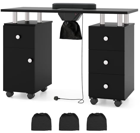 RELAX4LIFE Rolling Manicure Table, Mobile Nail Tech Desk Station with Electric Dust Collector, Wrist Rest, 8 Lockable Wheels, 4 Drawers & 1 Cabinet, Professional Wooden Nail Art Workstation (Black)