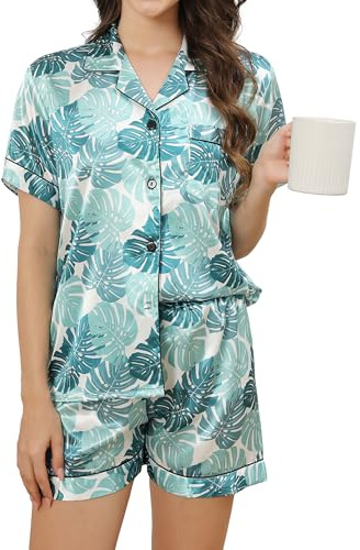 Reliwel Pyjama Femme Satin Ensemble de Pyjama pour Femme Soie Short Deux Pièces Vêtements de Nuit à Manches Courtes avec Boutons