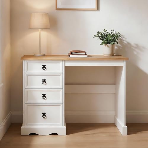 IDIMEX Bureau Campo en Bois Massif L 105 cm avec 4 tiroirs Coloris Blanc, Bureau avec Rangement intégré Style Campagne