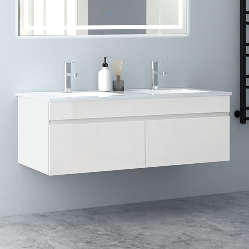 Biubiubath Badezimmer Badmöbel 120cm Keramik Waschtisch mit Unterschrank Hängeschrank Hochglanz Weiß Badezimmerschränke Badschrank mit 2 Soft-Close Türen