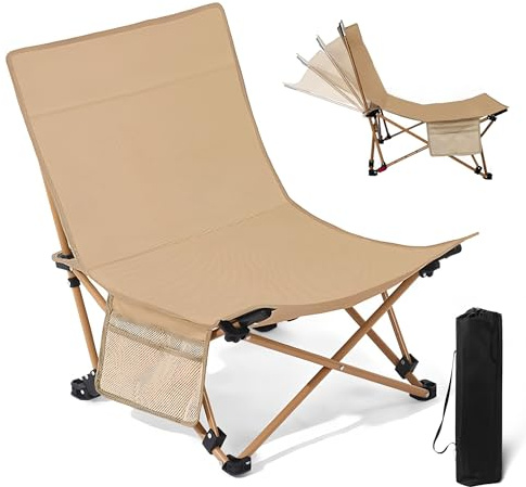 Campingstuhl Faltbar bis 150kg Klappstuhl Camping Stuhl Leicht Angelstuhl Klappbar, 4 Verstellbar Winkel Strandstuhl Hohe Lehne mit Tragetasche Gartenstuhl für Garten Outdoor Strand Wandern (Khaki)