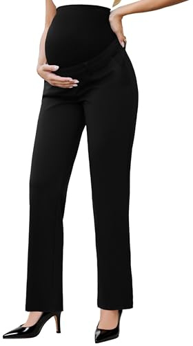 Ecavus Umstandshose über dem Bauch, nahtlos, Stretch, Arbeitshose, doppelte Länge, Schwangerschaft, Büro, Kleid, Hose mit Taschen, Schwarz, M