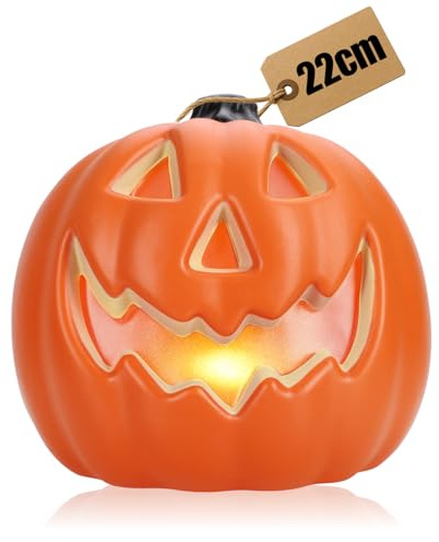 com-four® Zucca con illuminazione LED & timer (6h acceso/18h spento) – decorazione di Halloween per ingresso & finestra – zucca XL in plastica con faccia spaventosa (arancione - XL con timer)