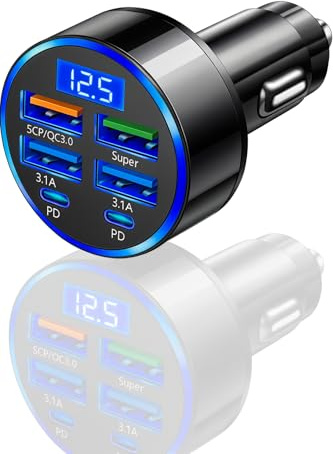 Car USB 6 in 1 Super fast 30 minute Car Charger, USB C Cars Charger 12V/24V USBs Socket 300W Quick Charge Fast Cars Chargers Adapter for iOS, Android Smartphones, Multi charge 3X Times Faster