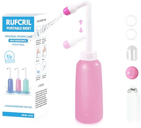 RUFCRIL Peri-flaska, bärbar bidé med infällbart munstycke, handhållen bidé med 2 tätningsringar och resepåse, nödvändigheter för postpartum och perinealvård, hemorrojid- och hygienrengöring, 500 ml
