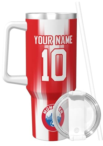 Personalisiert 25/26 Bayern Thermobecher,Travel Isolierbecher mit Namen & Nummer | Trinkflasche mit Deckel und Strohhalm|Edelstahl-Thermosflasche 1.2L| BPA Frei|Geschenke Für Fußballfans