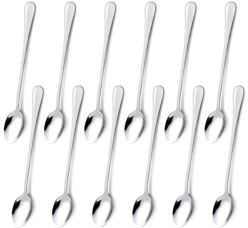 LLCS® 12 Stück Latte Macchiato Löffel Set, Edelstahl Eislöffel Lange Teelöffel Löffel Stiel Dessertlöffel Kaffeelöffel für Eiskaffee Eistee Milchshake Eisbecher kühles, 19,5 cm