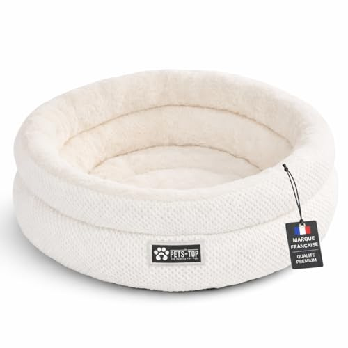 One PETS-TOP Round Fluffy Cat Bed, Soft Cat Cushion, Sleeping Place for Cats and Small Dogs, Washable, Non-Slip (Royal White, 60 cm)
