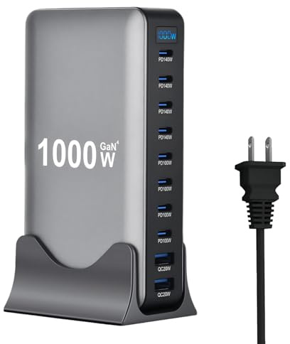 1000W USB C Fast Charger Block, 10 Ports GaN IV Pro USB Chagring Station, 140W PD QC HUB for Multiple Devices, Laptop Adapter Compatible with MacBook Pro/Air iPad iPhone Pro Max, Galaxy, Dell, HP