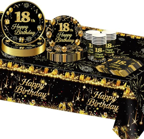 18th Birthday Table Decorations Tableware, | Black Gold Paper 18th Birthday Plates Cups Napkins Decoration for Boys Girls 18 Birthdays Party 16 Guests