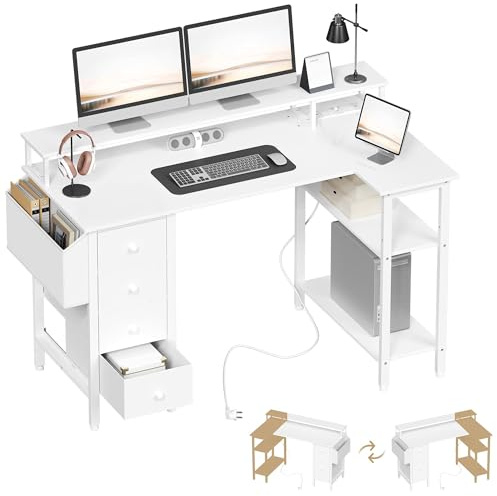 Yaheetech Corner Desk with Drawers, 120x70cm L Shaped Computer Desk with Power Outlets, Office Desk with Raised Monitor Stand, Reversible Storage Shelves for Home Office, White