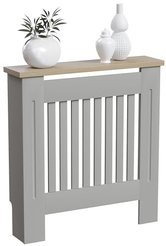 Vida Designs Arlington Copertura per Termosifone in MDF Verniciato Grigio, con Doghe, Grill, Ripiano Superiore in Legno, Piccolo, Holz, Small