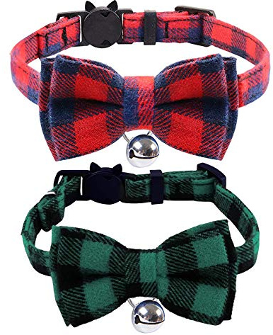 UOWAN 2xKatzenhalsbänder mit Schnellentriegelung, Fliege, Sicherheits-Katzenhalsband, Weihnachts-Katzenhalsband, Schleife, 22–32 cm, verstellbare Haustier-Halsbänder für kleine Kätzchen (blau + grün)