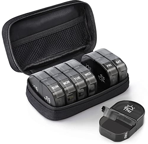 AUVON Canvas Bag Travel Pill Organizer 2 Times a Day, Large AM/PM Weekly Pill Box 7 Day Pill Case with Portable Black Zipper Cloth Bag for Holding Supplements, Vitamins and Fish Oils