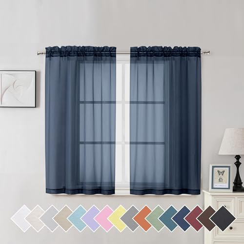 Aiyufeng Navy Blue Sheer Curtains, 114.3 cm Length, 2 Panels Set for Farmhouse Kitchen Room, Elegant Light Filtering Voile Window Treatments, 101.2 x 114.4 cm (W x L) each