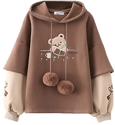 HIMI HIMIFASHION Söt fleece huvtröja tonårstjejer Kawaii komisk björn broderi falsk tvådelad vardaglig tröja lös pullover toppar med huva, Brun, one size