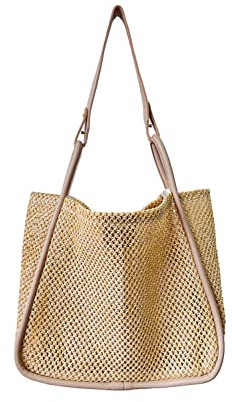 Ulisty Damen Künstliches Stroh Strohtasche Weben Tragetasche Sommer Strandtasche Shopper Umhängetasche Oberer Griff Tasche Handtasche 2 Stück Set khaki